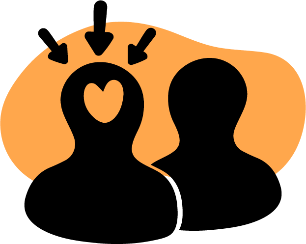 An illustration of two people. One of the people has a heart inside their head, with arrows pointing at the heart.